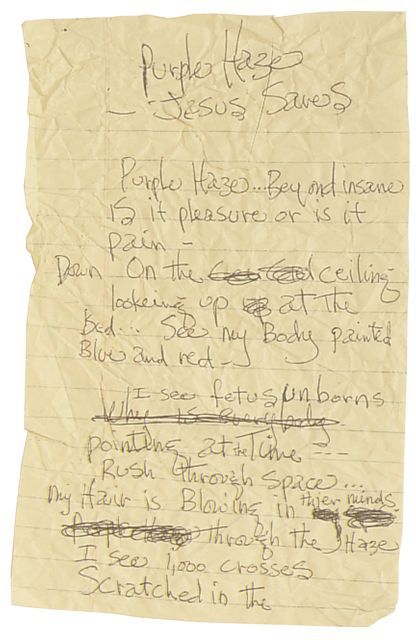 Jimi Hendrix's handwritten Purple Haze lyrics